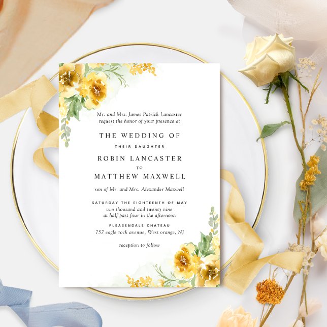 Invitation Chic Aquarelle Jaune Oc Floral Mariage (Créateur téléchargé)