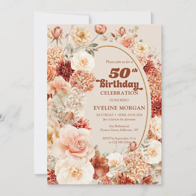 Invitation Chic aquarelle terre cuite bordeaux 50e (Devant)