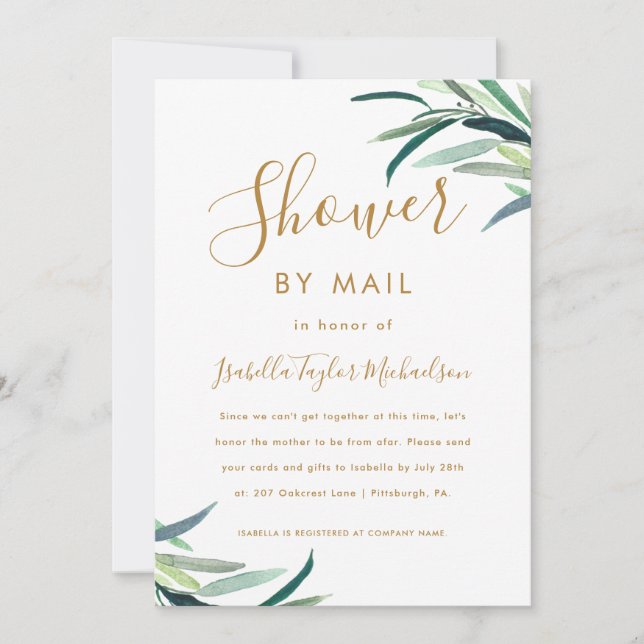 Invitation Chic Aquarelle Verdure douche par la poste (Devant)
