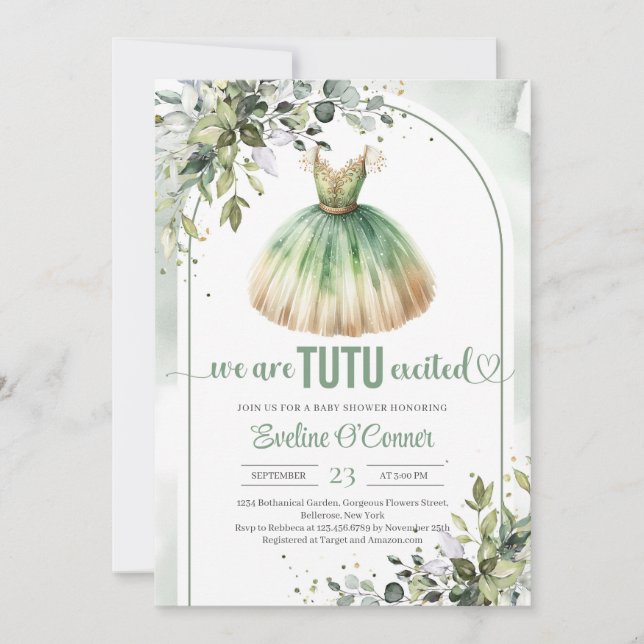 Invitation Chic aquarelle vert et or tutu robe fille (Devant)