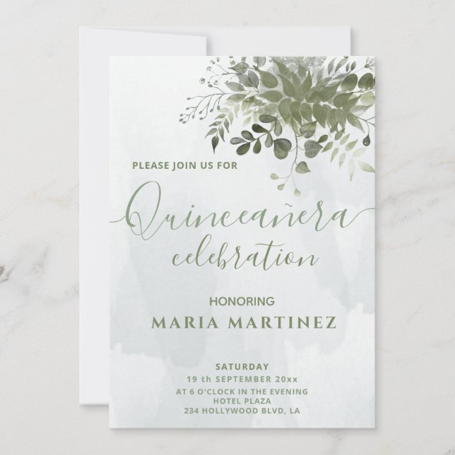 Invitation Chic aquarelle verte eucalyptus Quinceañera (Devant)