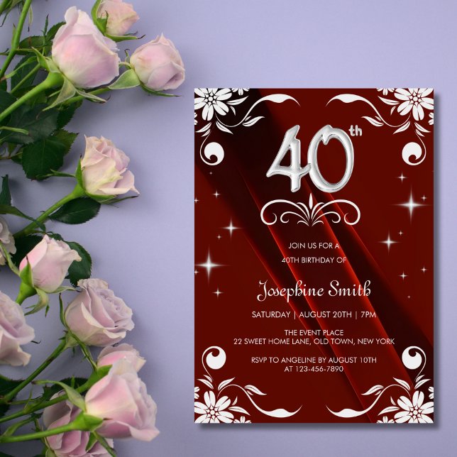 Invitation Chic Argent Cadre Floral Bourgogne 40e anniversair (Créateur téléchargé)
