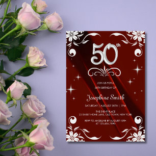 Invitation Chic Argent Cadre Floral Bourgogne 50e anniversair