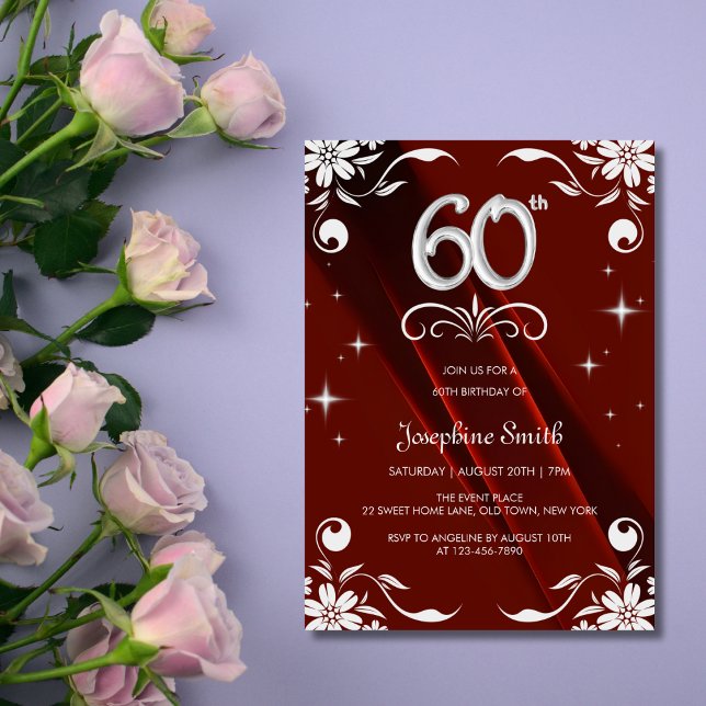 Invitation Chic Argent Cadre Floral Bourgogne 60e anniversair (Créateur téléchargé)