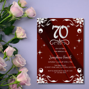 Invitation Chic Argent Cadre Floral Bourgogne 70e anniversair