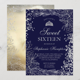 Invitation Chic argent floral marine bleu Tiara chic Sweet 16