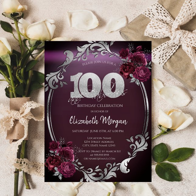Invitation Chic Argent Frame Bourgogne Roses 100e anniversair (Créateur téléchargé)