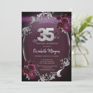 Invitation Chic Argent Frame Bourgogne Roses 35e anniversaire
