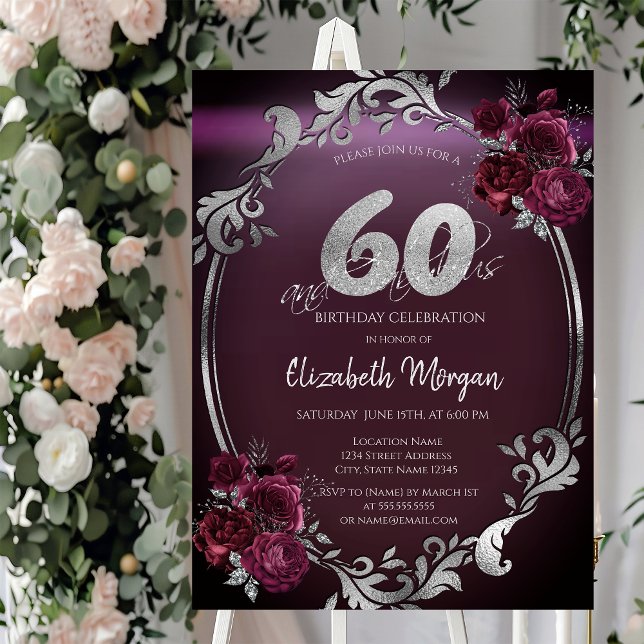Invitation Chic Argent Frame Bourgogne Roses 60e anniversaire (Créateur téléchargé)