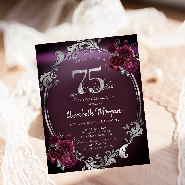 Invitation Chic Argent Frame Bourgogne Roses 75e anniversaire (Créateur téléchargé)
