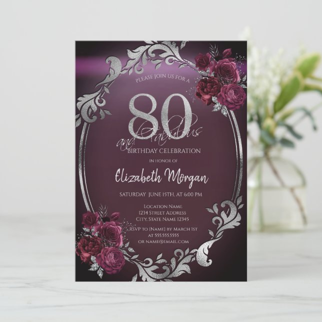 Invitation Chic Argent Frame Bourgogne Roses 80e anniversaire (Debout devant)
