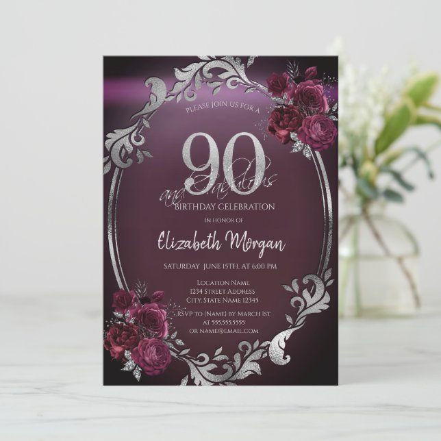 Invitation Chic Argent Frame Bourgogne Roses 90e anniversaire (Debout devant)