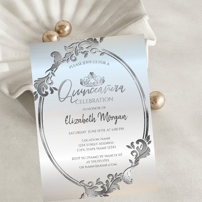 Invitation Chic Argent Frame Tiara Quinceañera (Créateur téléchargé)