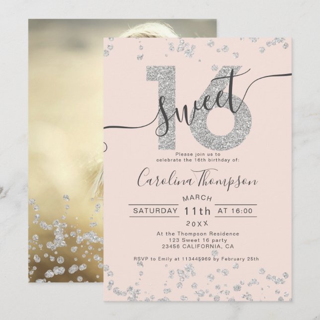 Invitation Chic argent parties scintillant confetti blush Swe (Devant / Derrière)