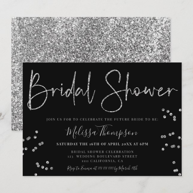 Invitation Chic argent parties scintillant script noir nuptia (Devant / Derrière)
