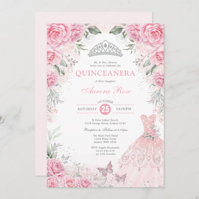 Invitation Chic Argent rose Floral Quinceañera Princesse robe (Devant / Derrière)