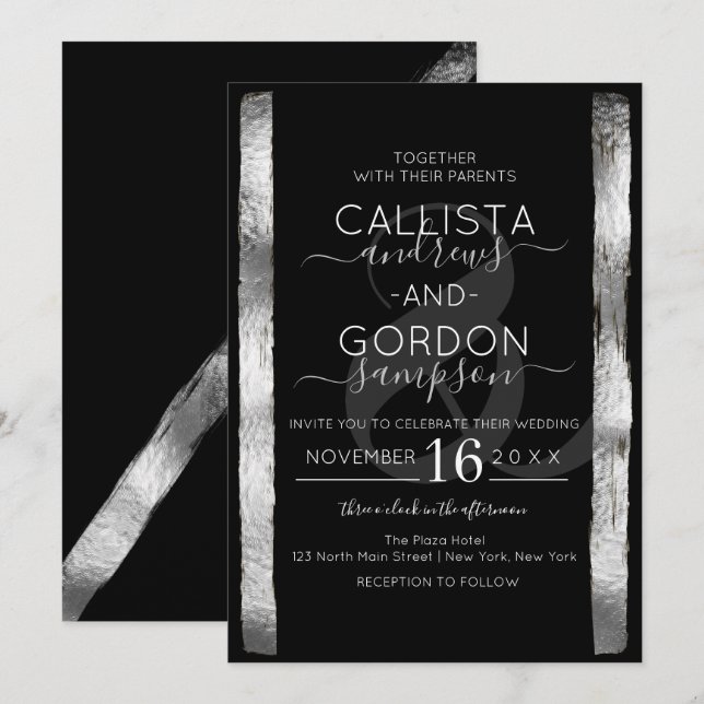Invitation Chic Artsy Black Argent brosse Mariage cadre (Devant / Derrière)