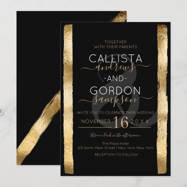 Invitation Chic Artsy Black Gold Brushstroke Frame Mariage (Devant / Derrière)