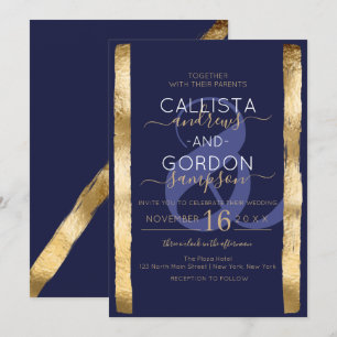 Invitation Chic Artsy Marine Gold Brushstroke Frame Mariage