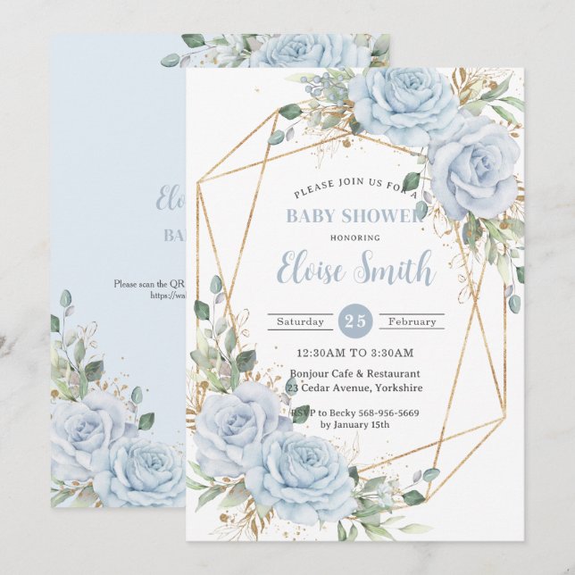 Invitation Chic Baby Blue Floral Boy Baby shower QR Code (Devant / Derrière)