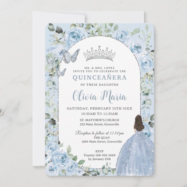 Invitation Chic Baby Blue Floral Princess Arch Quinceañera (Devant)