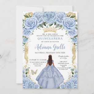 Invitation Chic Baby Blue Flowers Brown Princesse Quinceañera
