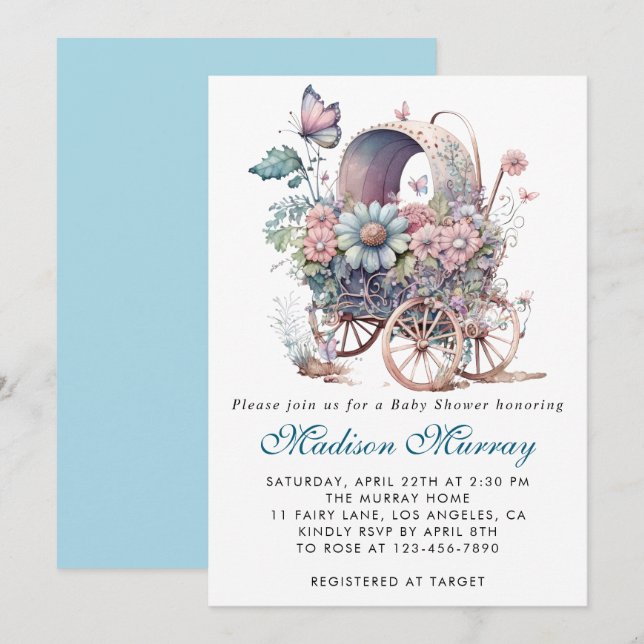 Invitation Chic Baby shower à poussette bleu et rose (Devant / Derrière)