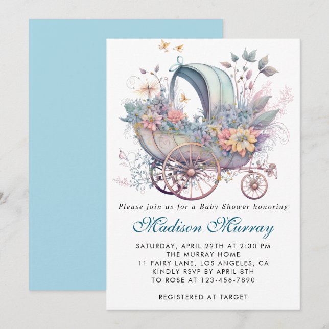 Invitation Chic Baby shower à poussette bleu et rose (Devant / Derrière)