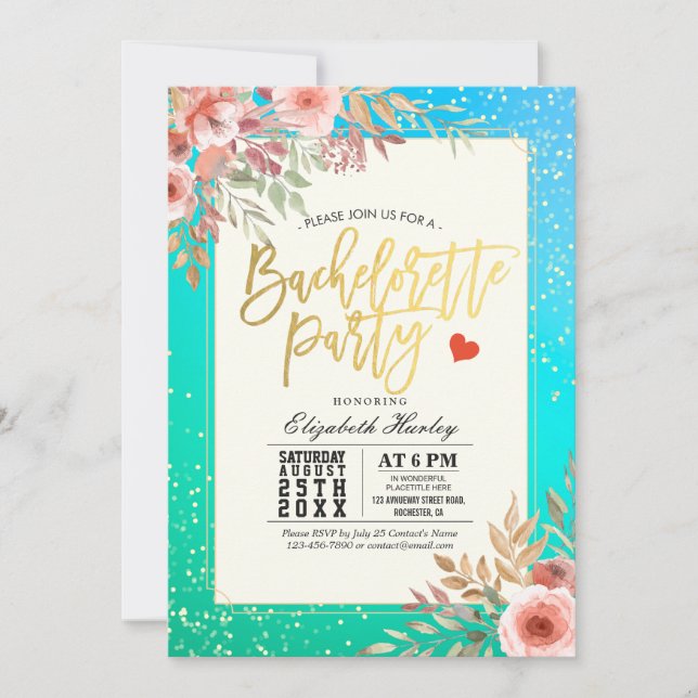 Invitation Chic Bachelorette Party rose Floral Turquoise Gold (Devant)