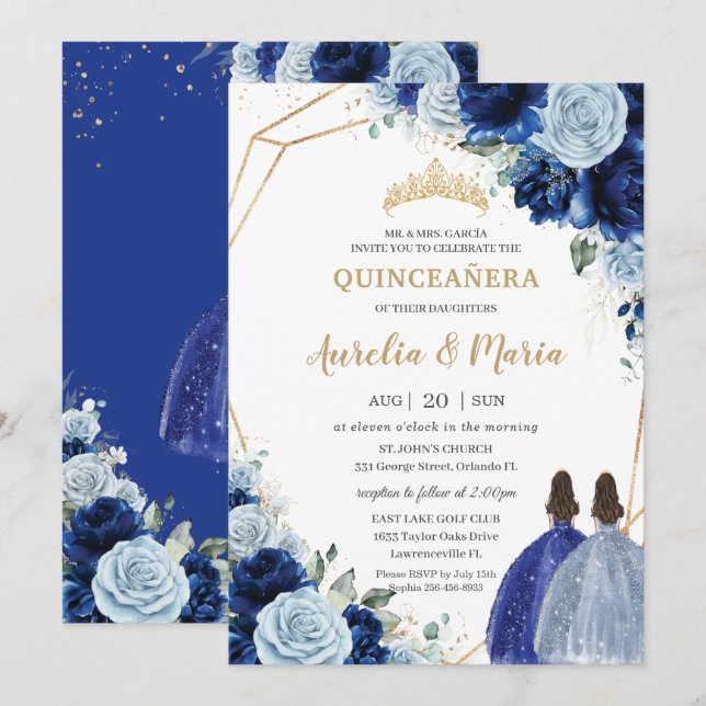 Invitation Chic Bébé Bleu Royal Bleu Floral Twins Quinceañera (Devant / Derrière)