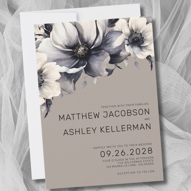 Invitation Chic Beige Boho Noir Blanc Neutre Floral Mariage (Chic Neutral Boho Black White Beige Floral Wedding Invitation)