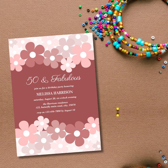 Invitation Chic Beige Pêche Fleur Brown 50 Fabuleux anniversa (Créateur téléchargé)