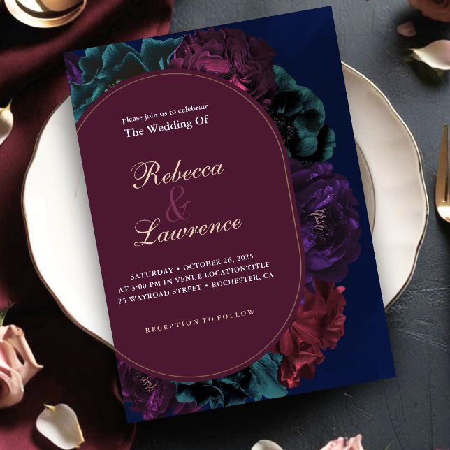 Invitation Chic bijou tons floral bordeaux marine mariage (Créateur téléchargé)