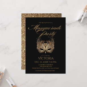 Invitation Chic Black and Gold Masquerade Party Anniversaire