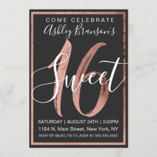 Invitation Chic Black and White Faux Rose Gold Foil Sweet 16