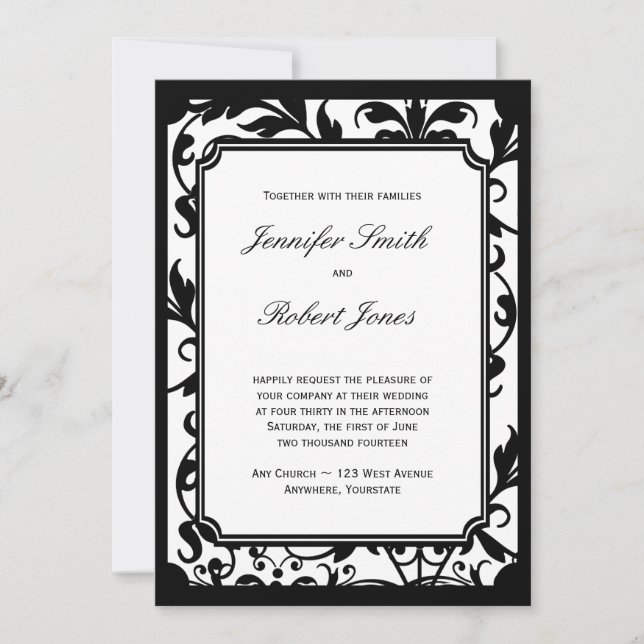 Invitation chic Black and White Mariage damassé (Devant)