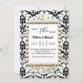 Invitation Chic Black $ Blanc Damask Pearl Économisez-Le-Date