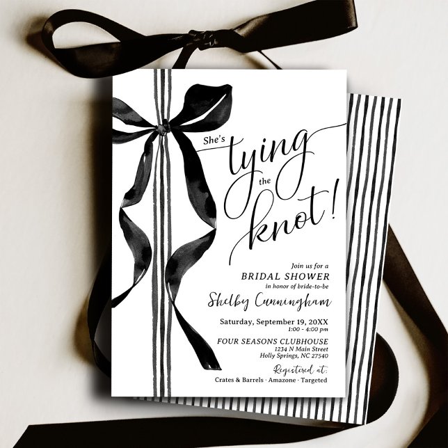 Invitation Chic Black Bow She's Tying The Knot Bridal Shower (Chic classy modern watercolor black bow and white striped ribbon She's Tying the Knot Bridal Shower)