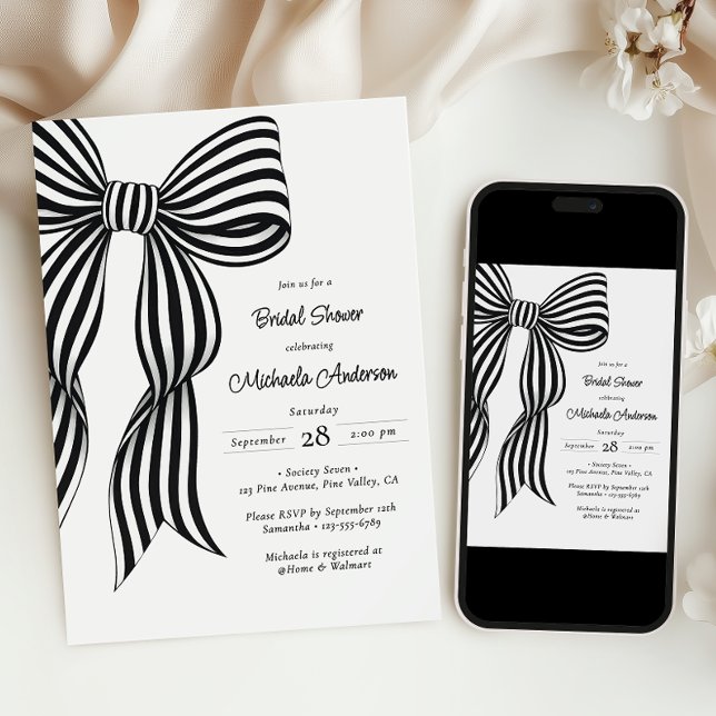 Invitation Chic Black Coquette Bow Striped Bridal Shower Invi (Créateur téléchargé)