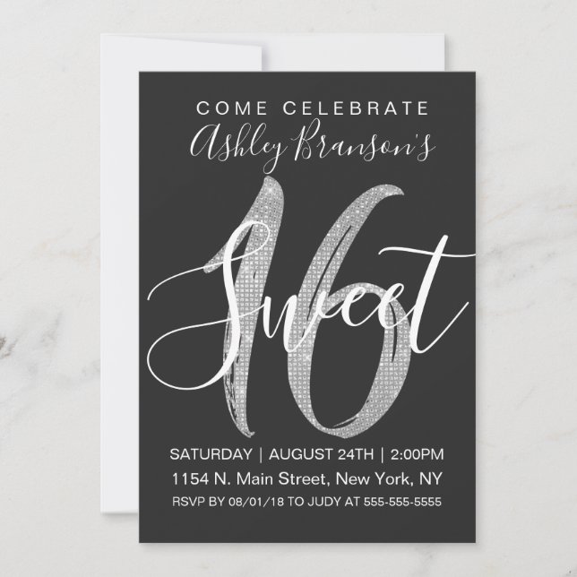 Invitation Chic Black Faux Silver Sequin Parties scintillant  (Devant)