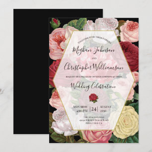 Invitation Chic Black Geometric Vintage Rose Floral Mariage