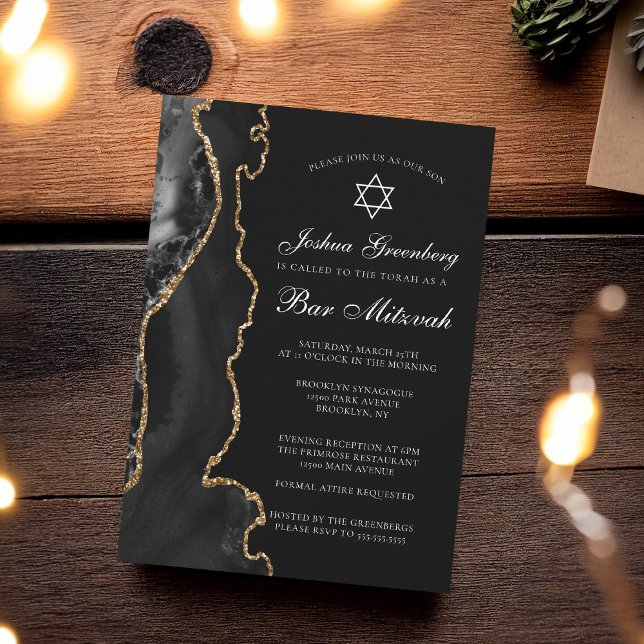 Invitation Chic Black Gold Agate Bar Mitzvah Party (Créateur téléchargé)
