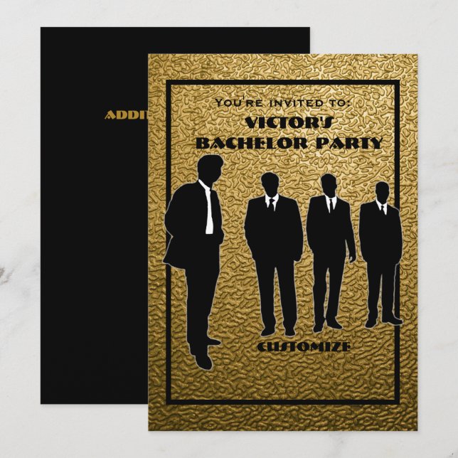 Invitation Chic Black & Gold Bachelor Party (Devant / Derrière)