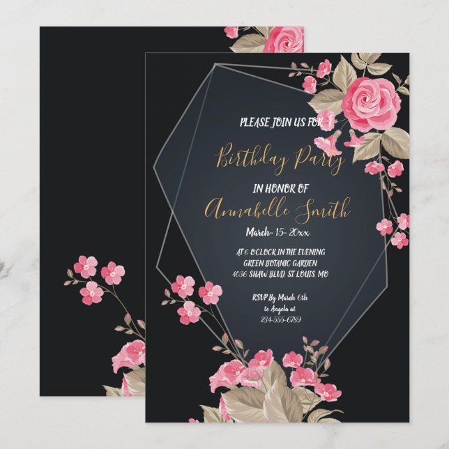 Invitation Chic Black & Gold Cadre géométrique Anniversaire (Devant / Derrière)
