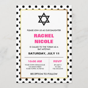 Invitation Chic Black Gold et Pois rose Bat mitzvah