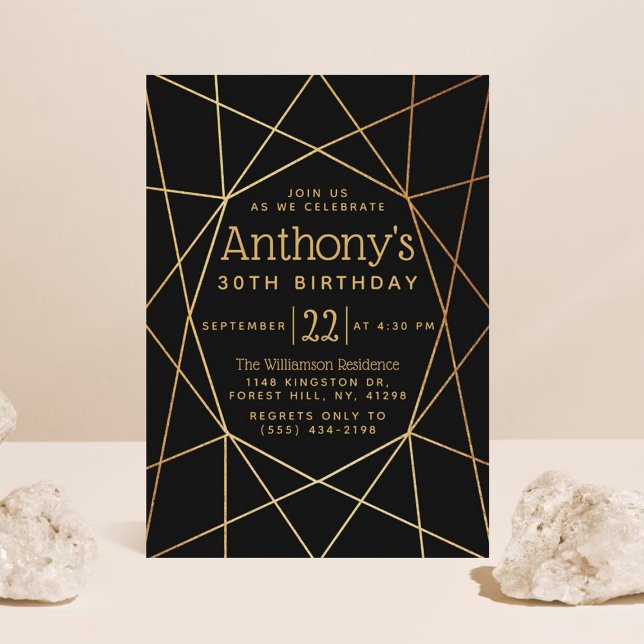 Invitation Chic Black & Gold Foil Motif géométrique Anniversa (Créateur téléchargé)