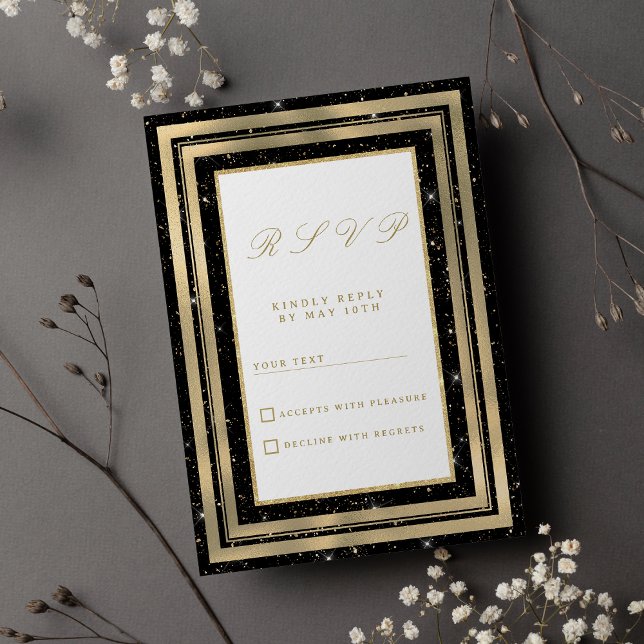 Invitation Chic black gold sparkly glitter confetti RSVP (Chic black gold sparkly glitter confetti RSVP)