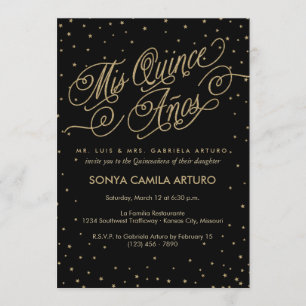 Invitation Chic Black & Gold Stars Quinceañera 15e anniversai
