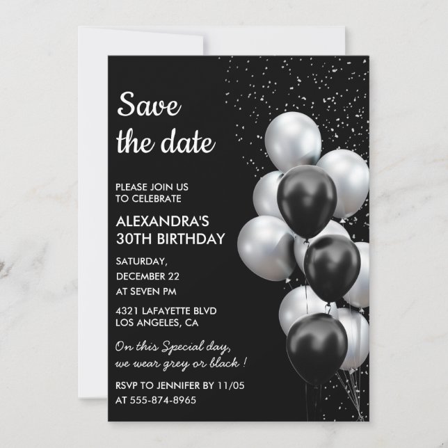 Invitation Chic Black Grey Balloon 30e Enregistrer la date (Devant)
