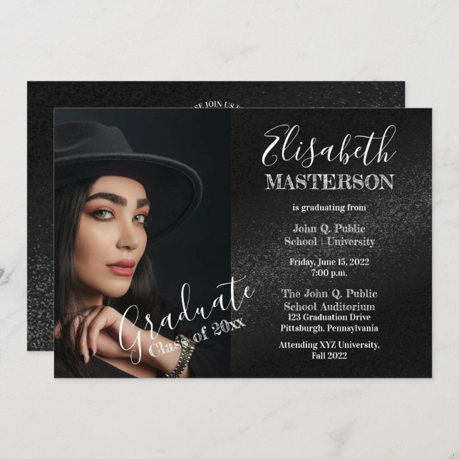 Invitation Chic Black Photo Graduation Party (Devant / Derrière)